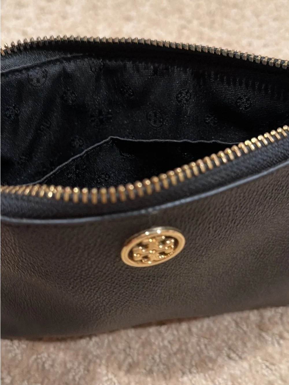 Tory Burch Black Pebbled Leather Wristlet with Gold Logo